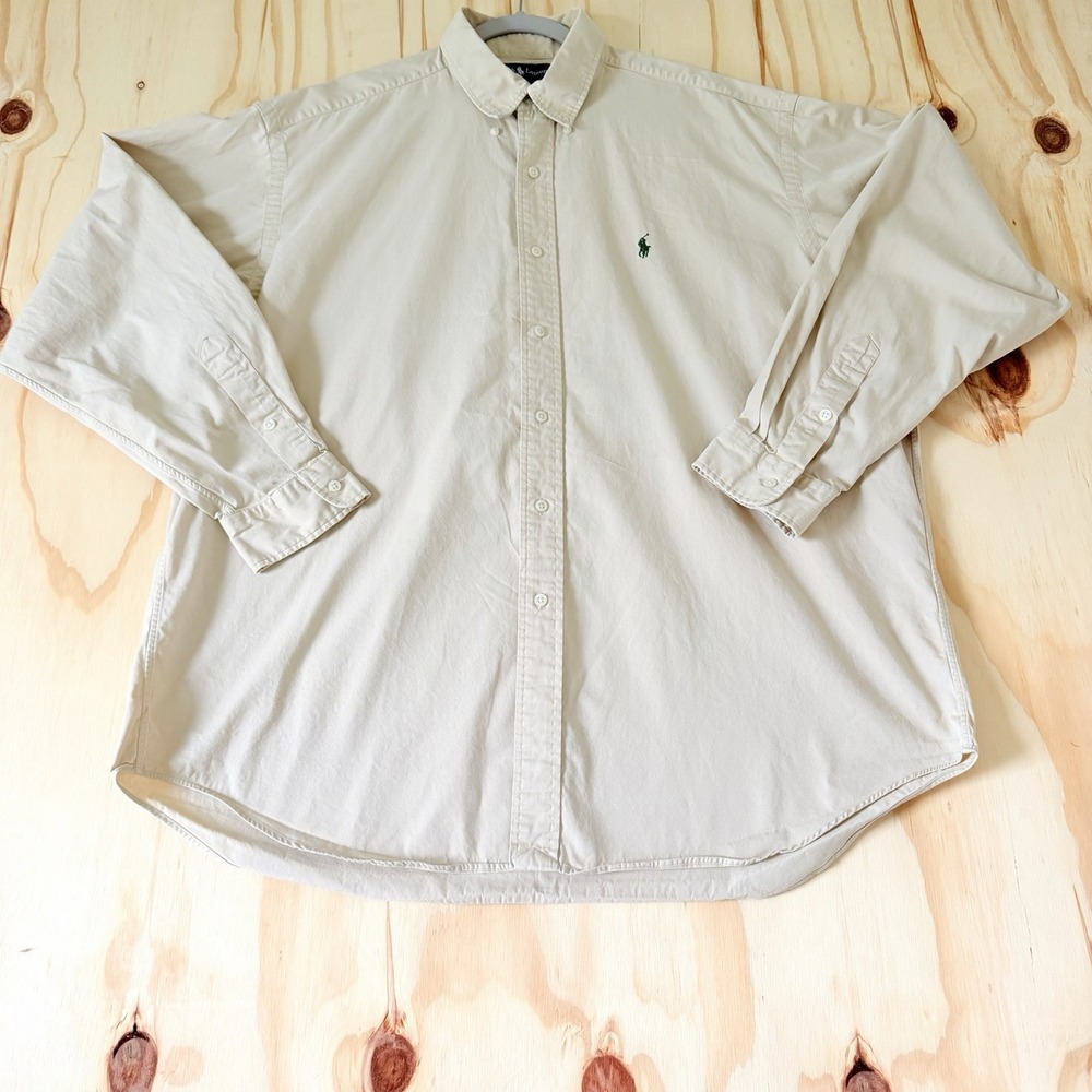 Ralph Lauren Blake Shirt Mens XL Cream Cotton Pleated Logo Formal Office Wear